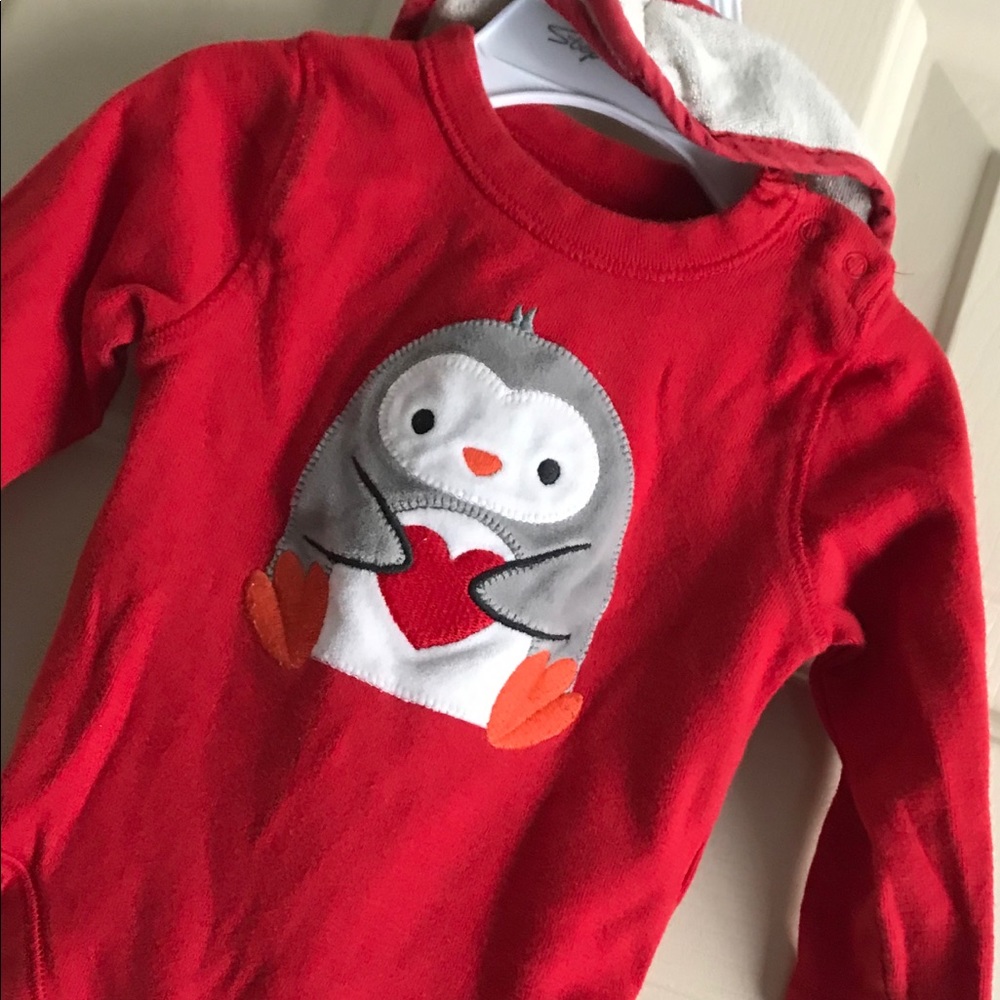 Solid red bodysuit with Penguin on front